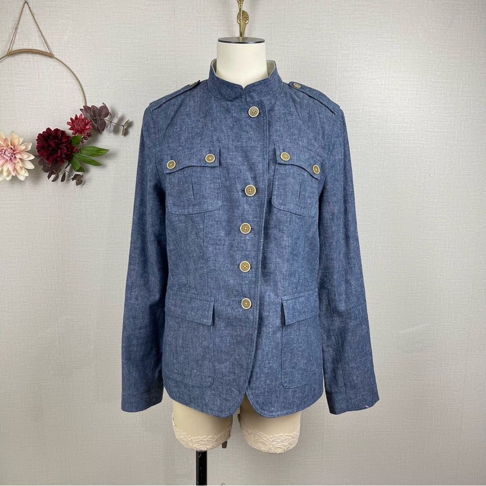 Banana Republic Women Blue Linen Cotton Blend Military Light Jacket 12